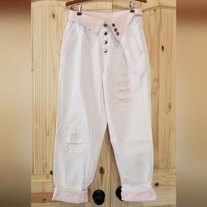 Authentic 80s Vintage White with Pink Lace Fold Over Jeans